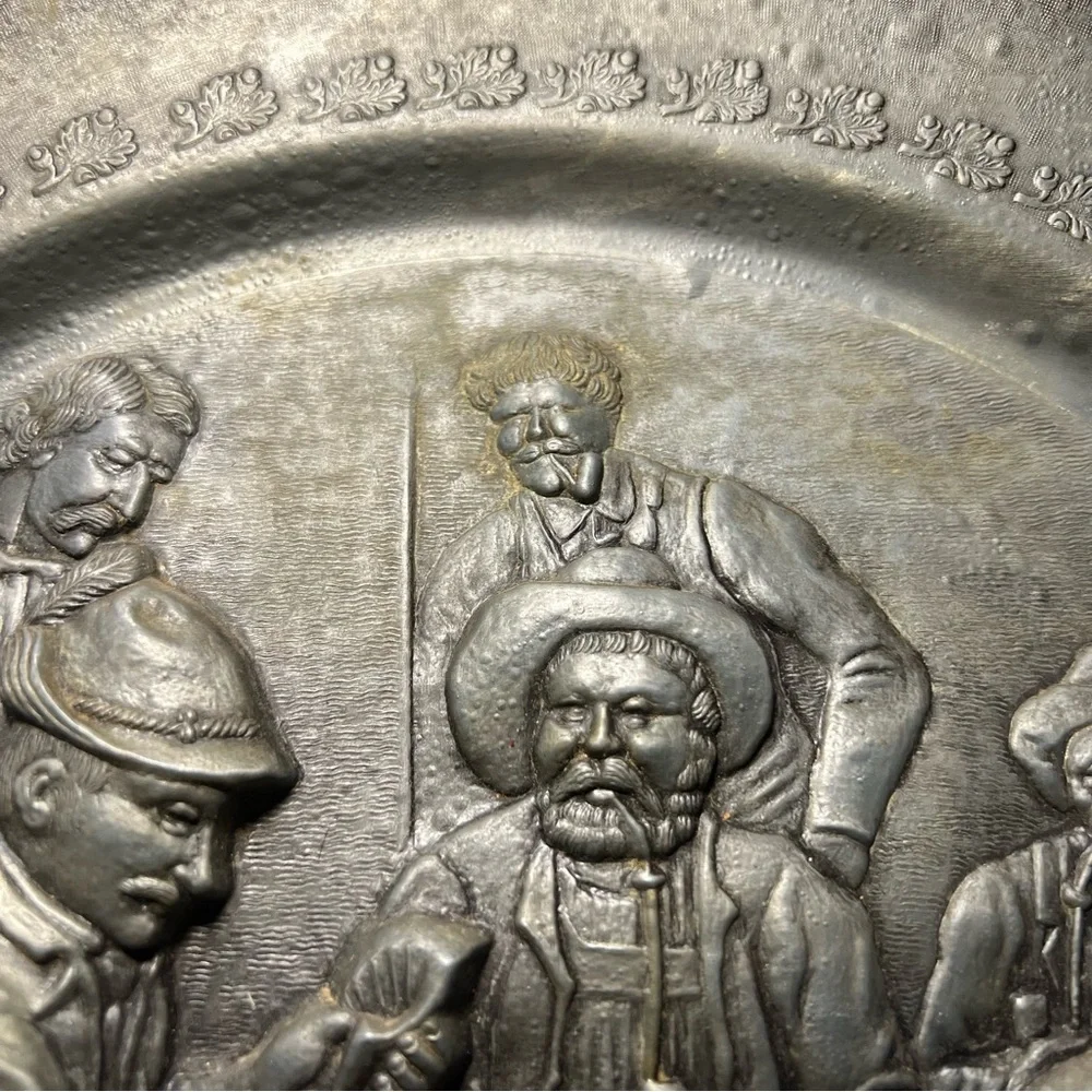 Vintage 12” German Pewter Wall Plate Tavern‎ Card Scene Angel Mark Gallery Wall
